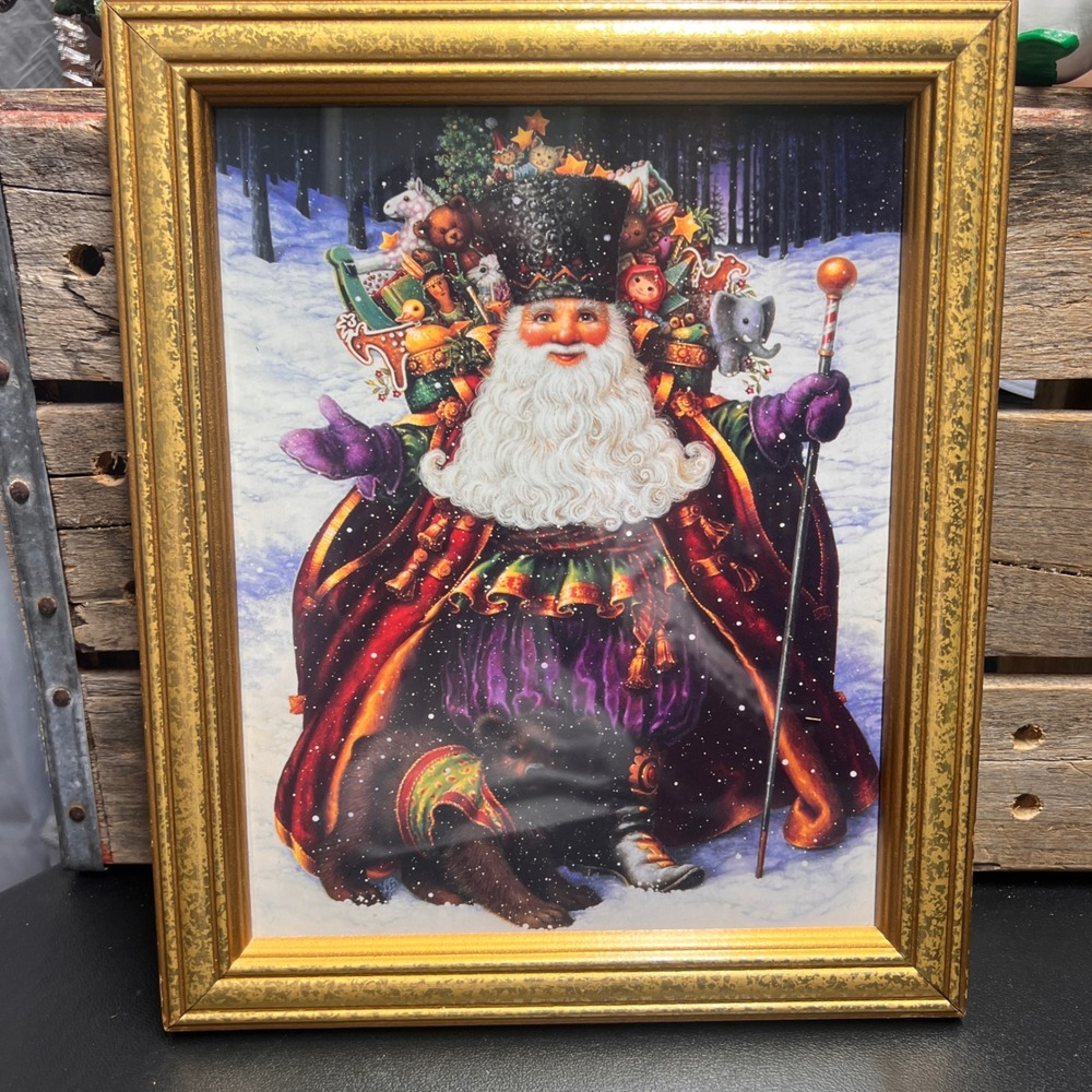 Vintage Style Santa Claus Framed Christmas Art Print Gold Ornate Frame 9x11